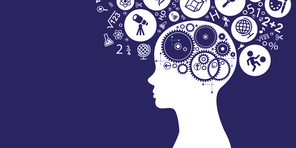 Graphic of head with thoughts and gears on solid indigo background